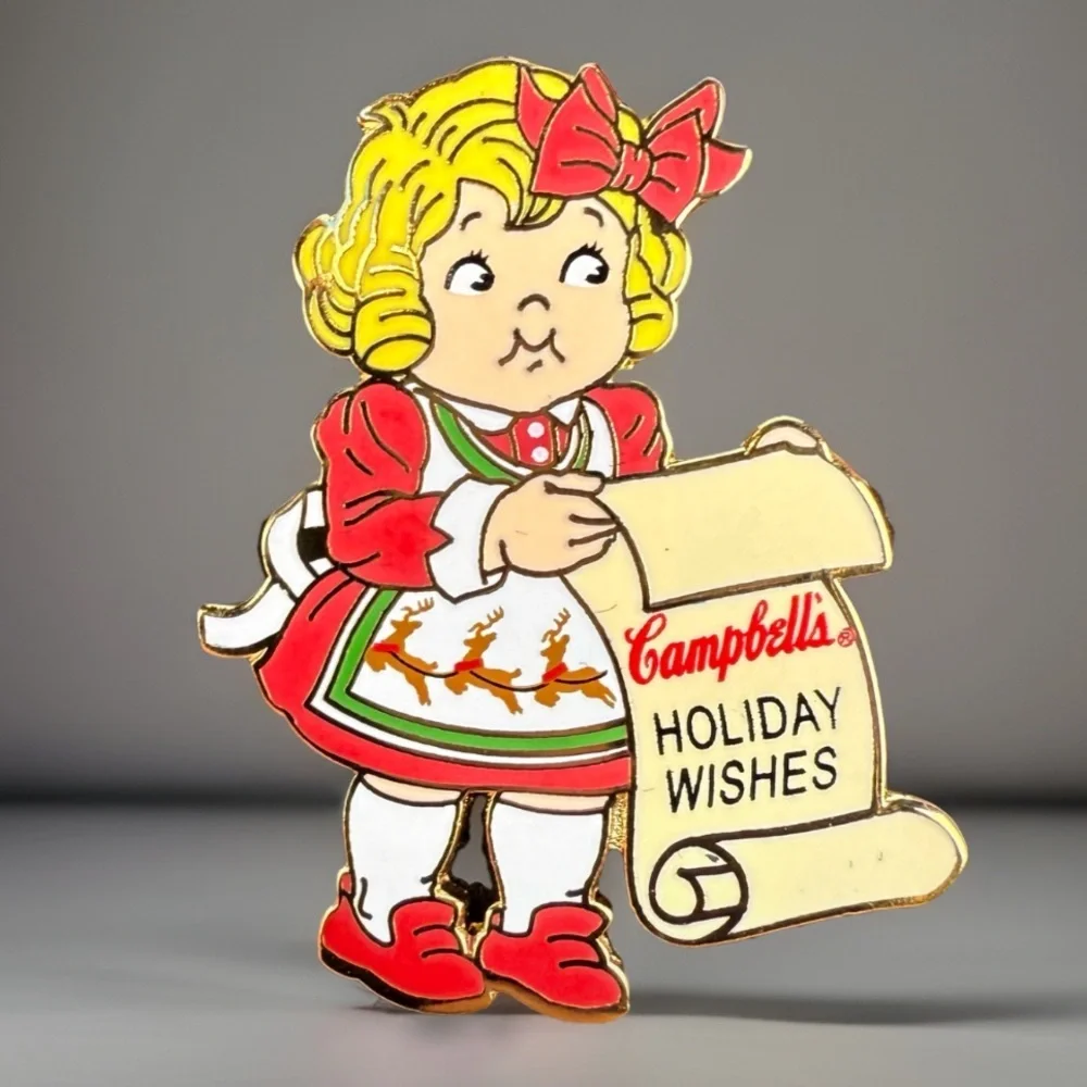 Vintage Campbell’s Holiday Wishes Girl Christmas Enamel Brooch Pin